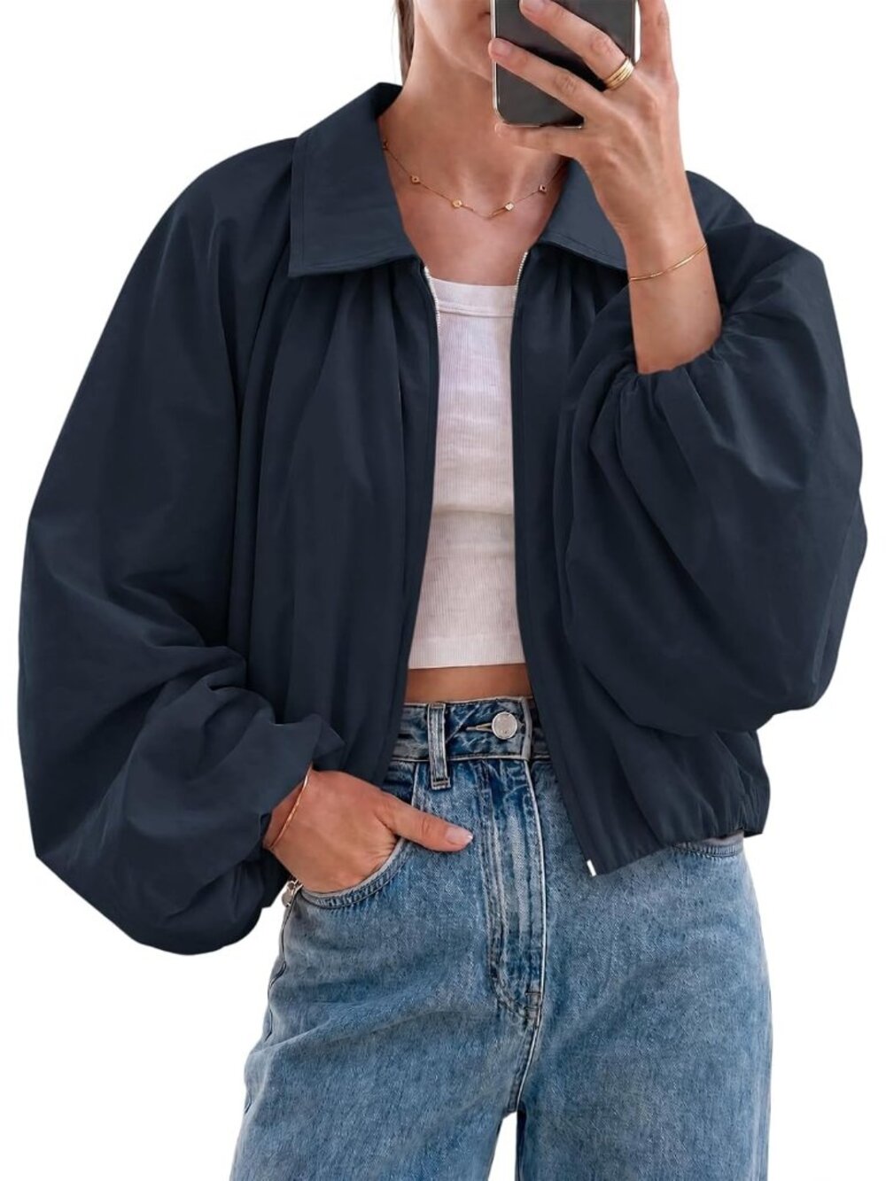 Womens Navy Blue Drop-shoulder Balloon Sleeve Lapel Collar Cropped Bomber Jacket